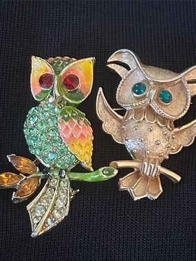 Vintage Mid Century Owl Brooch Pin Lot 2pc Enamel Rhinestone Figurals